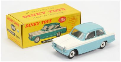 Dinky Toys 189 Triumph Herald - Two-Tone Light blue and white, silver trim and spun hubs