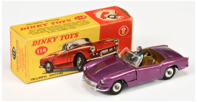 Dinky Toys 113 Triumph Spitfire Sports Car - purple body, gold interior with figure driver, silve...