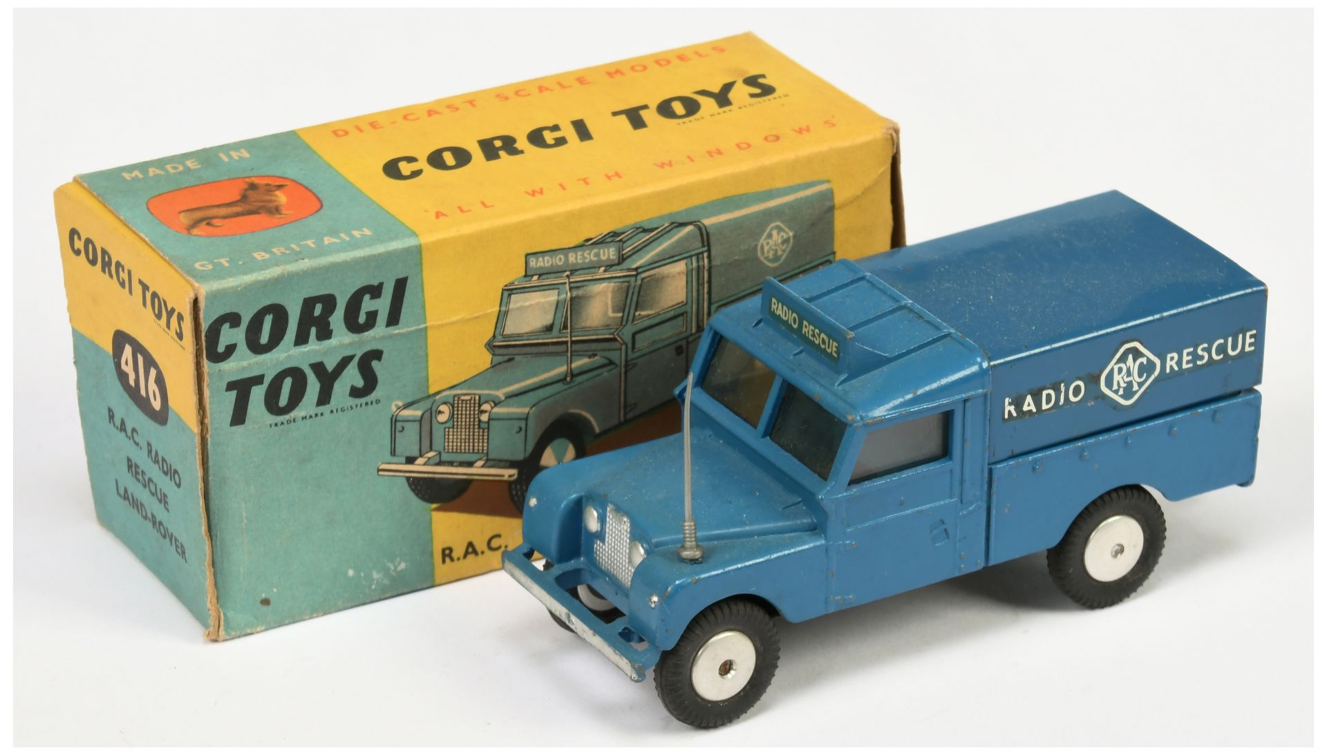 Corgi Toys  416 Land Rover "RAC Radio Rescue" - Blue body and tinplate tilt, fixed header, aerial...