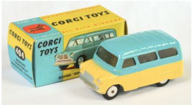 Corgi Toys  404 Bedford Dormobile Personnel Carrier - Two-Tone light blue over yellow, ribbed roo...