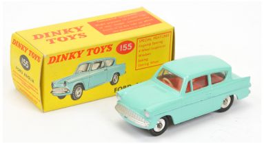 Dinky Toys 155 Ford Anglia - Turquoise Body, red interior, silver trim and spun hubs