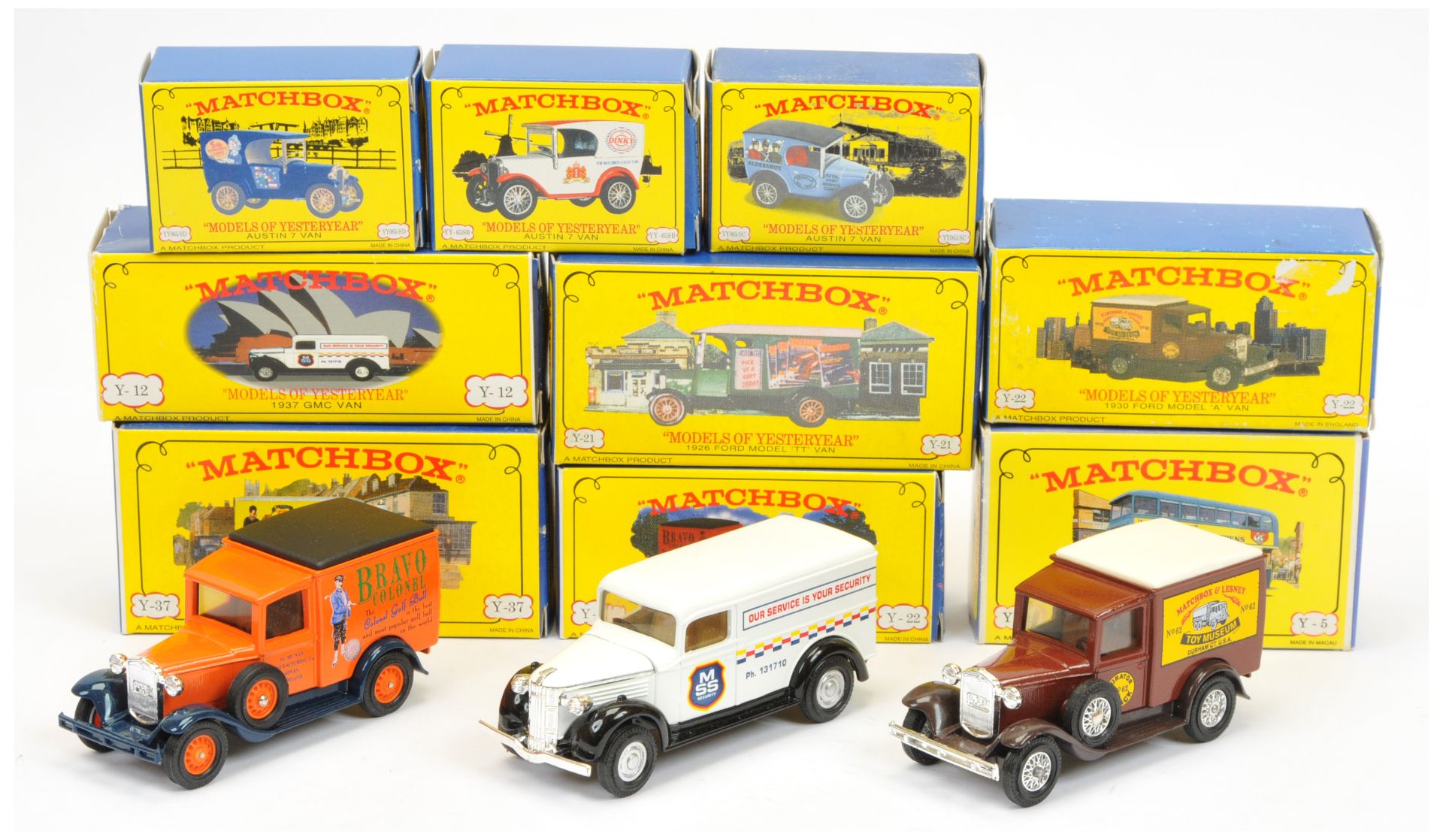 Matchbox Models of Yesteryear Code 2 issues Y12 1937 GMC Van "MSS Security" - white, Y22 1930 For...