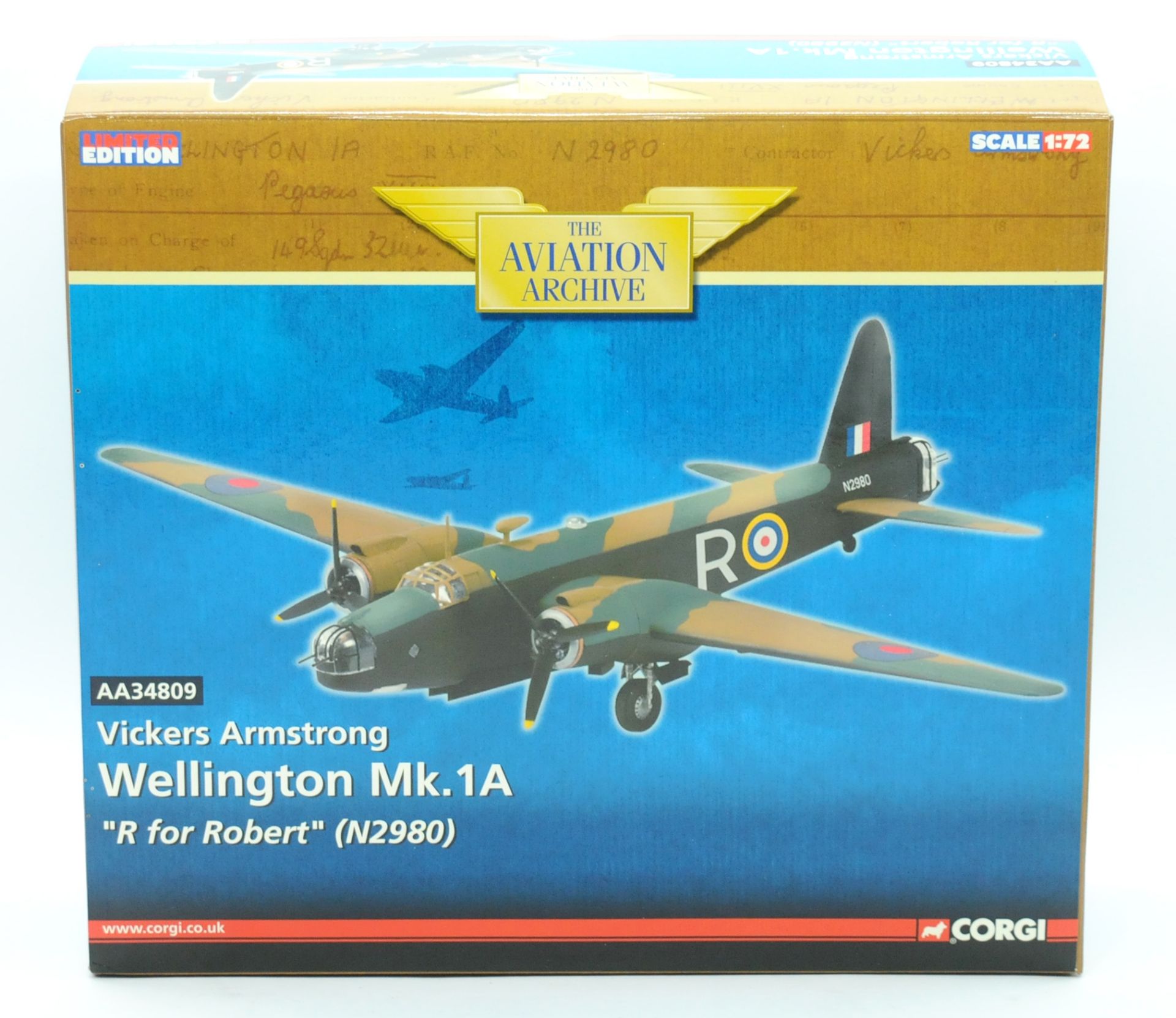 Corgi a boxed 1/72 scale Aviation Archive AA34809 Vickers Armstrong Wellington Mk.1A "R" (N2980)