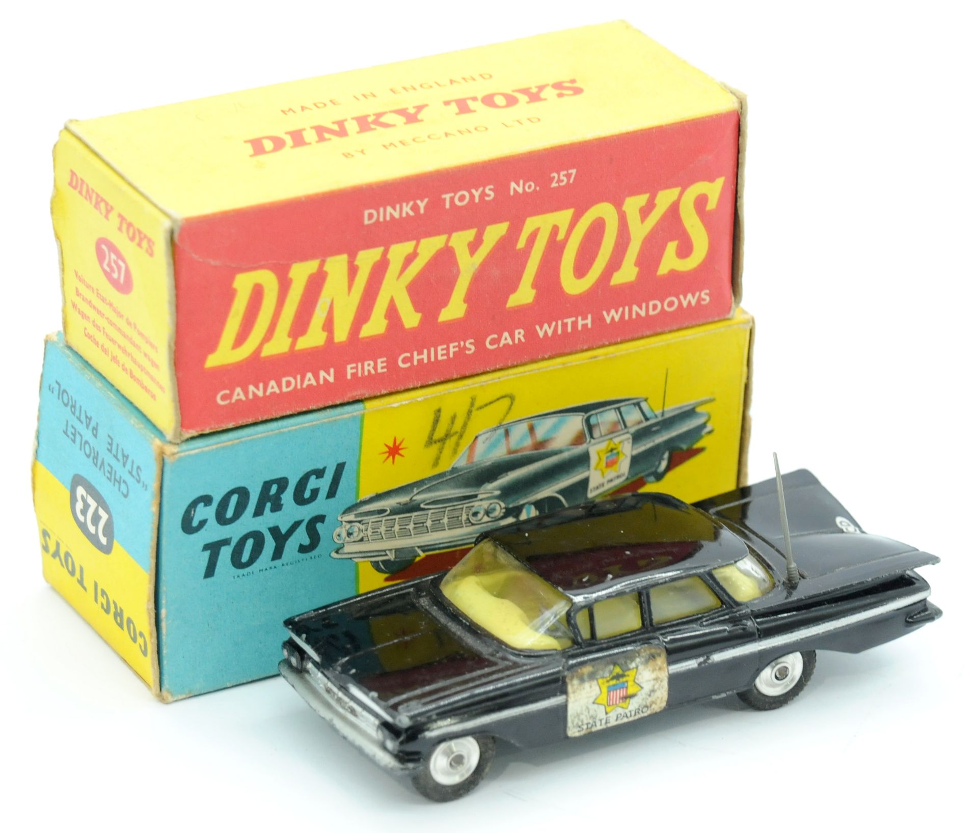 Corgi 223 Chevrolet Impala "State Patrol" Car & Dinky 257 Canadian Fire Chief's Car empty box