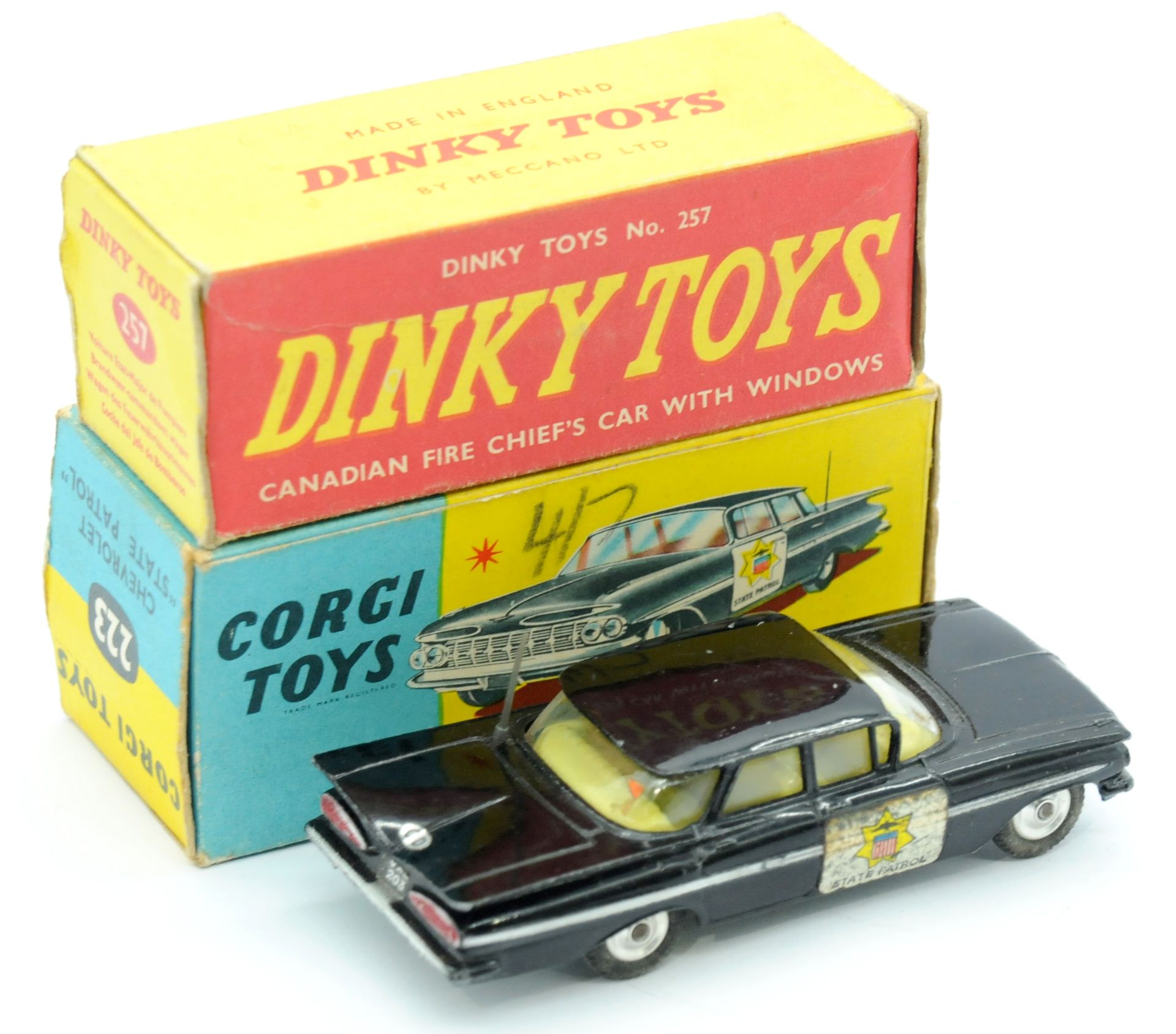 Corgi 223 Chevrolet Impala "State Patrol" Car & Dinky 257 Canadian Fire Chief's Car empty box - Image 2 of 2