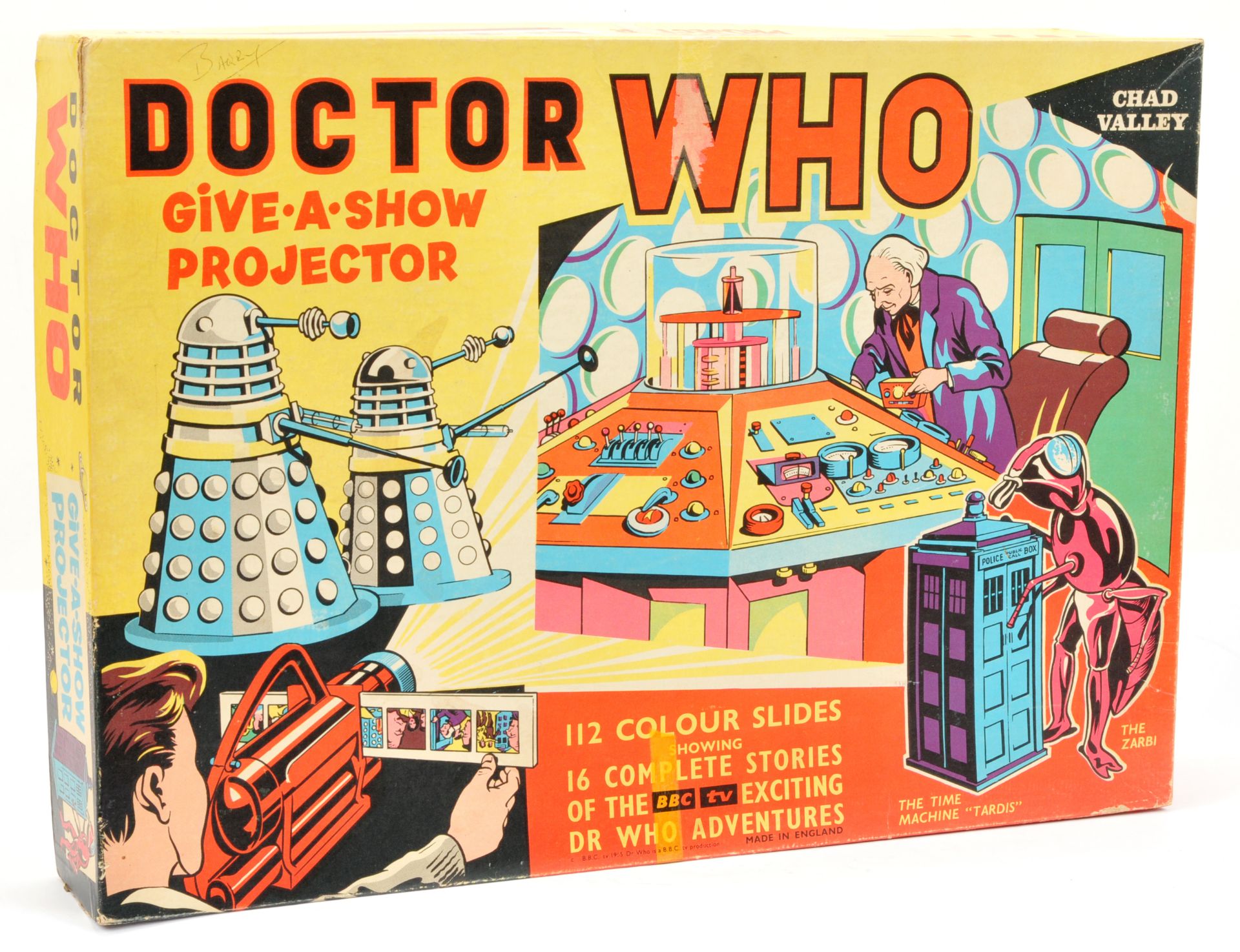 Chad Valley Doctor Who Projector which is red plastic with 16 colour slides