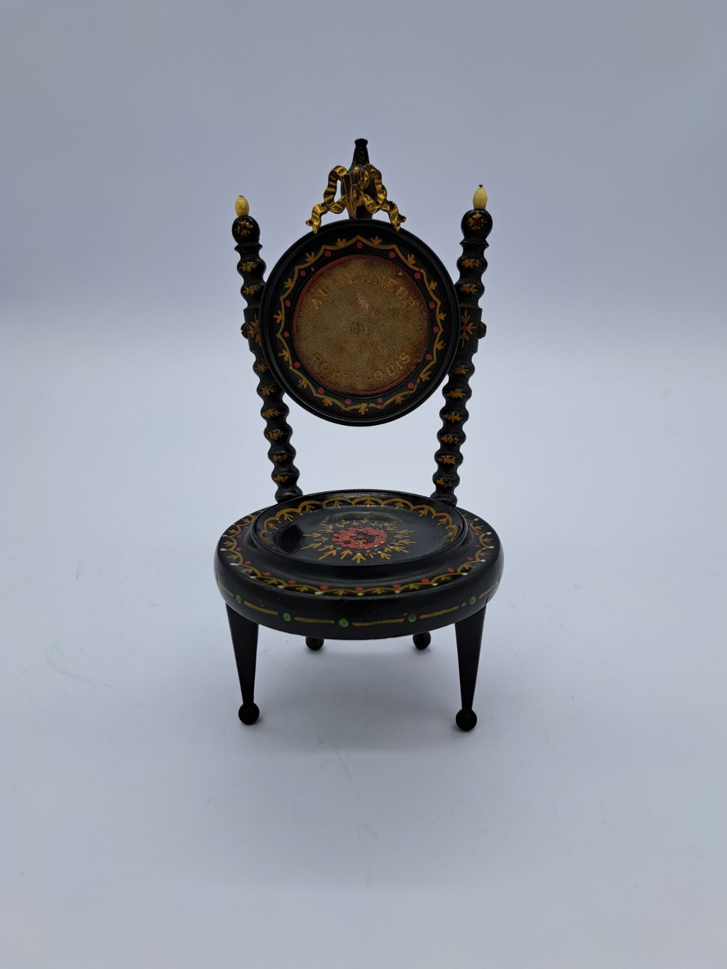 Miniature antique black lacquered wooden chair AU GLANEUR PORT LOUIS 1875