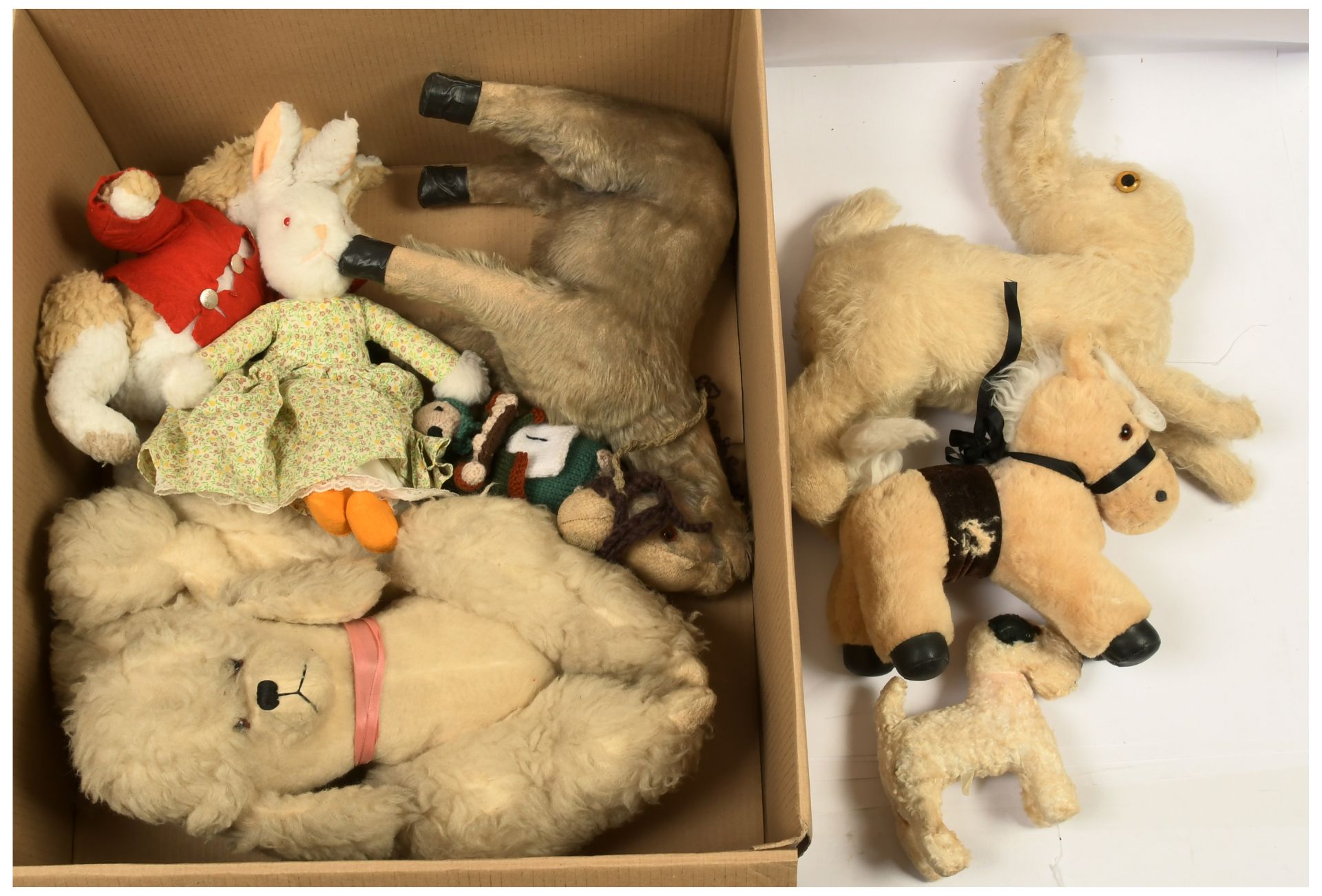 Collection of vintage animals, includes: Merrythought white mohair rabbit, etc