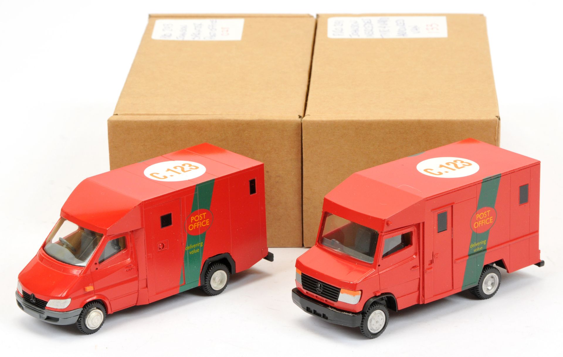 Promod Resin/White Metal Mercedes Van A Pair (1) "Post Office" Armoured Type 4 Red and (2) "Post ...