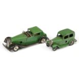 Triang Minic Clockwork A Pair To Include - 7M Town Coupe - Green & Black and (2) 1M Ford Saloon -...