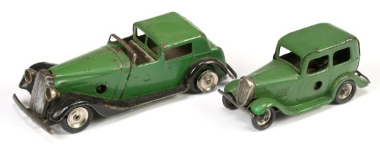 Triang Minic Clockwork A Pair To Include - 7M Town Coupe - Green & Black and (2) 1M Ford Saloon -...