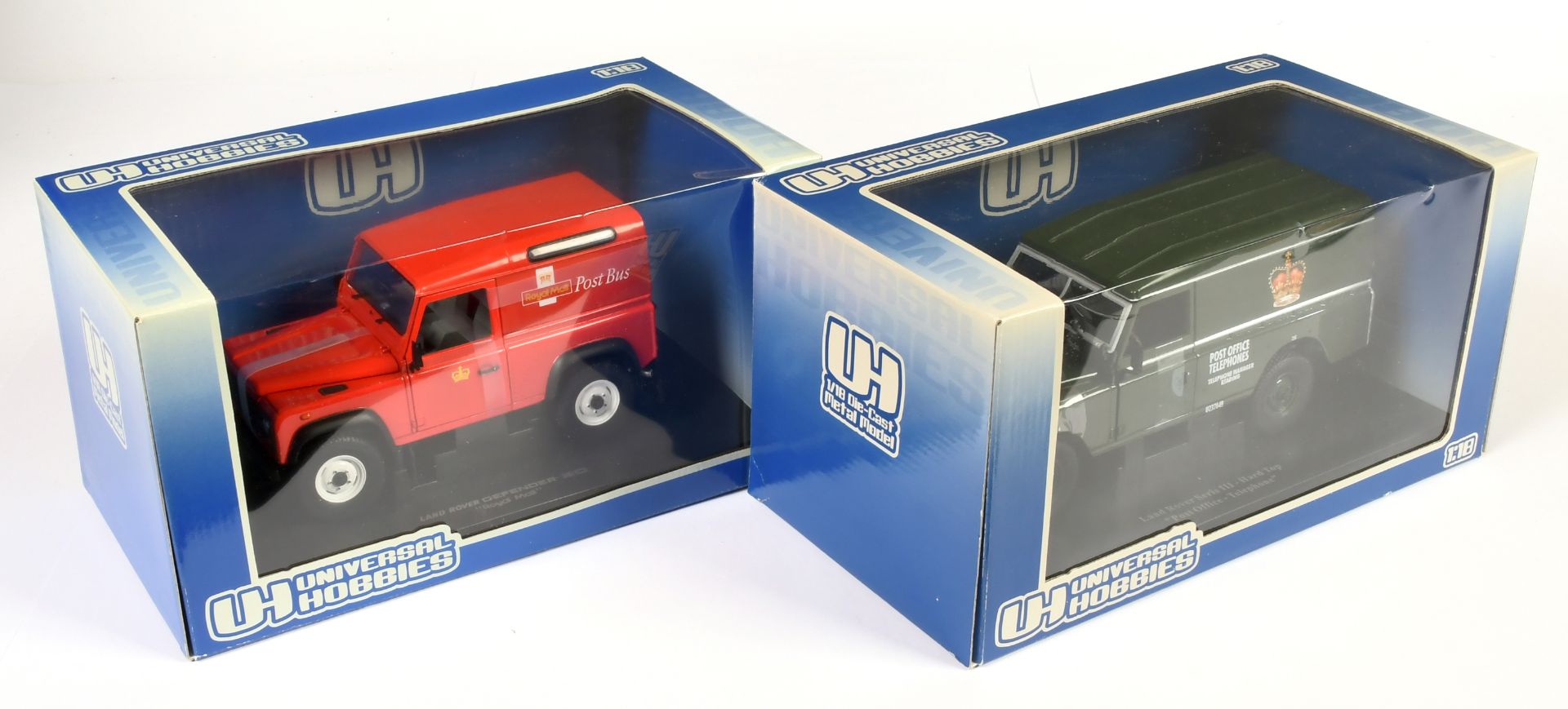 Universal Hobbies (1/18th) land Rover Pair (1) "Royal Mail" SWB - Red and (2) "Post office Teleph...