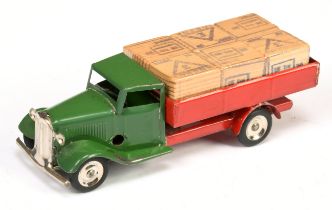 Triang Minic Clockwork 25M Open Back Truck - Green Cab, red cab. chrome trim and hubs and  correc...