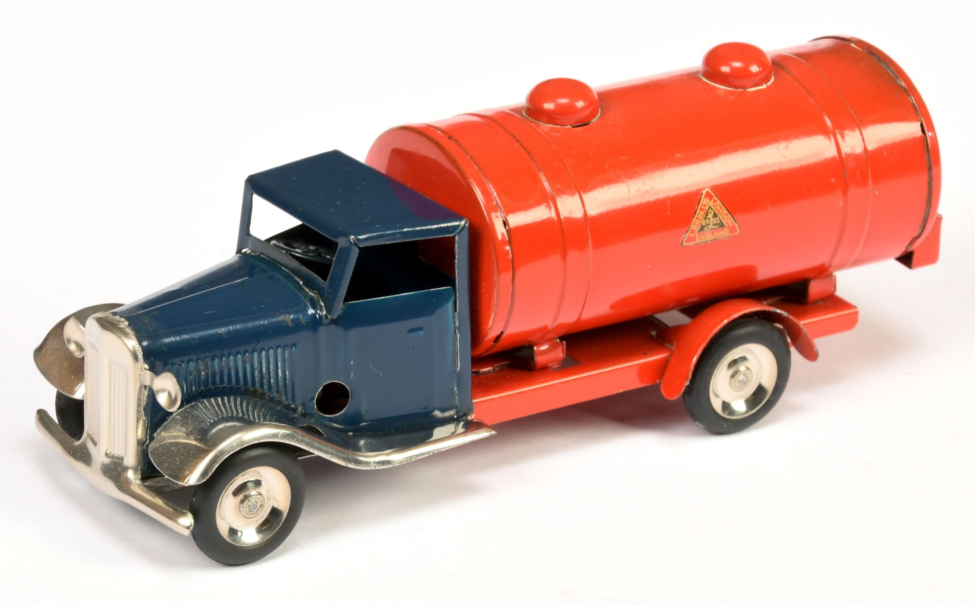 Triang Minic Clockwork 15M Petrol tanker - Blue cab, red back, Chrome trim and hubs