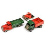 Triang Minic Clockwork Group Of 3 To Include - (1) 10M Open Back Truck - Red & Green, (2) 23M Tip...