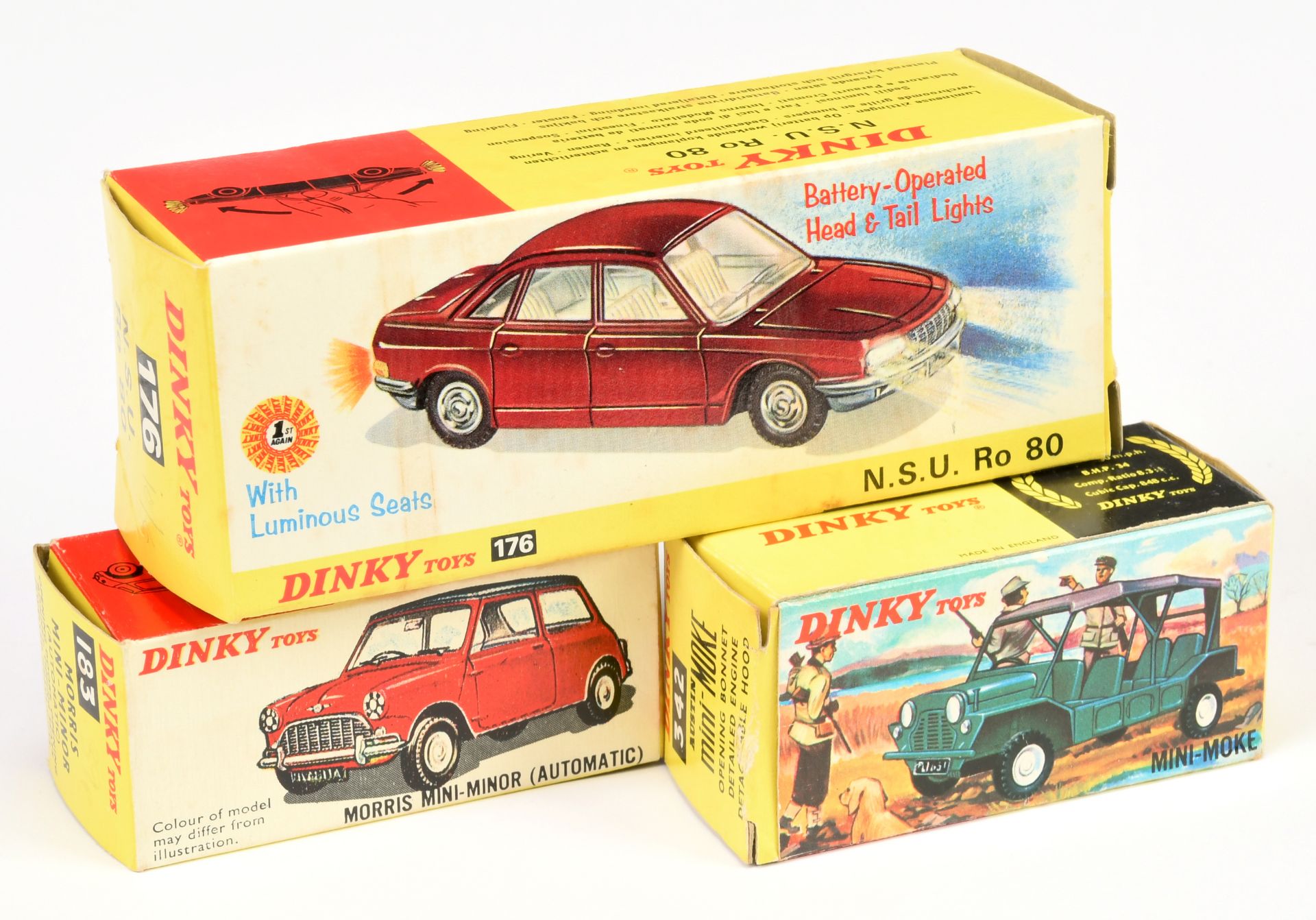 Dinky Toys Empty Boxes To Include (1) 175 NSU RO80 (without inner stand), (2) 183 Morris Mini min...