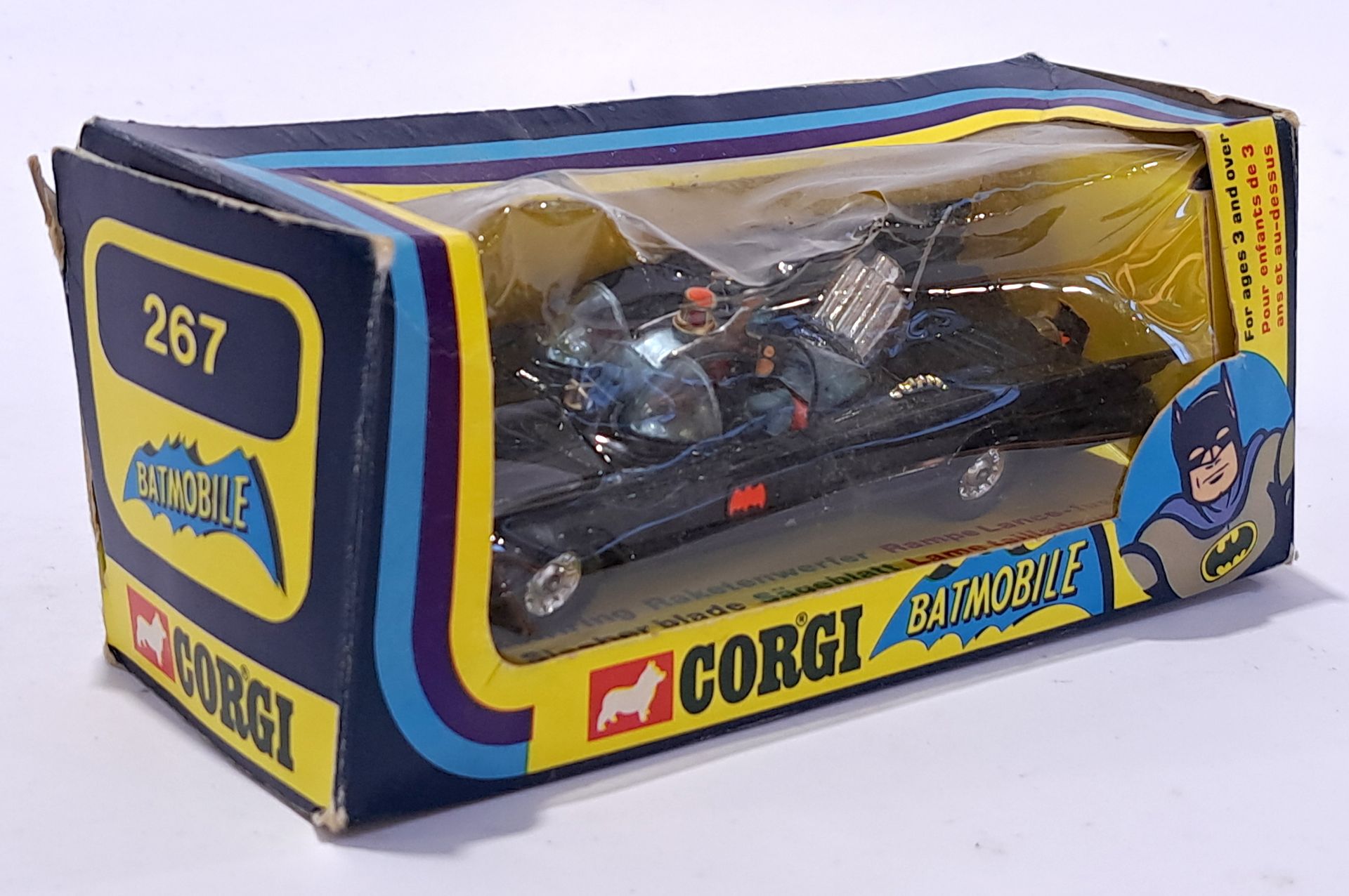 Corgi 267 Batmobile - light blue windows, dayglo orange interior with original Batman & Robin Fig...