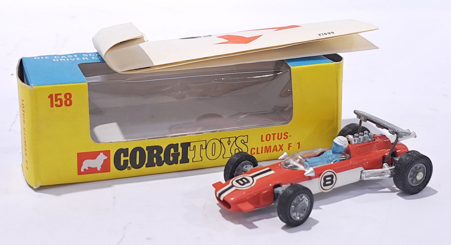 Corgi No.158 Lotus Climax Formula 1 Racing Car - two-tone orange, white, racing number 8, cast hu...