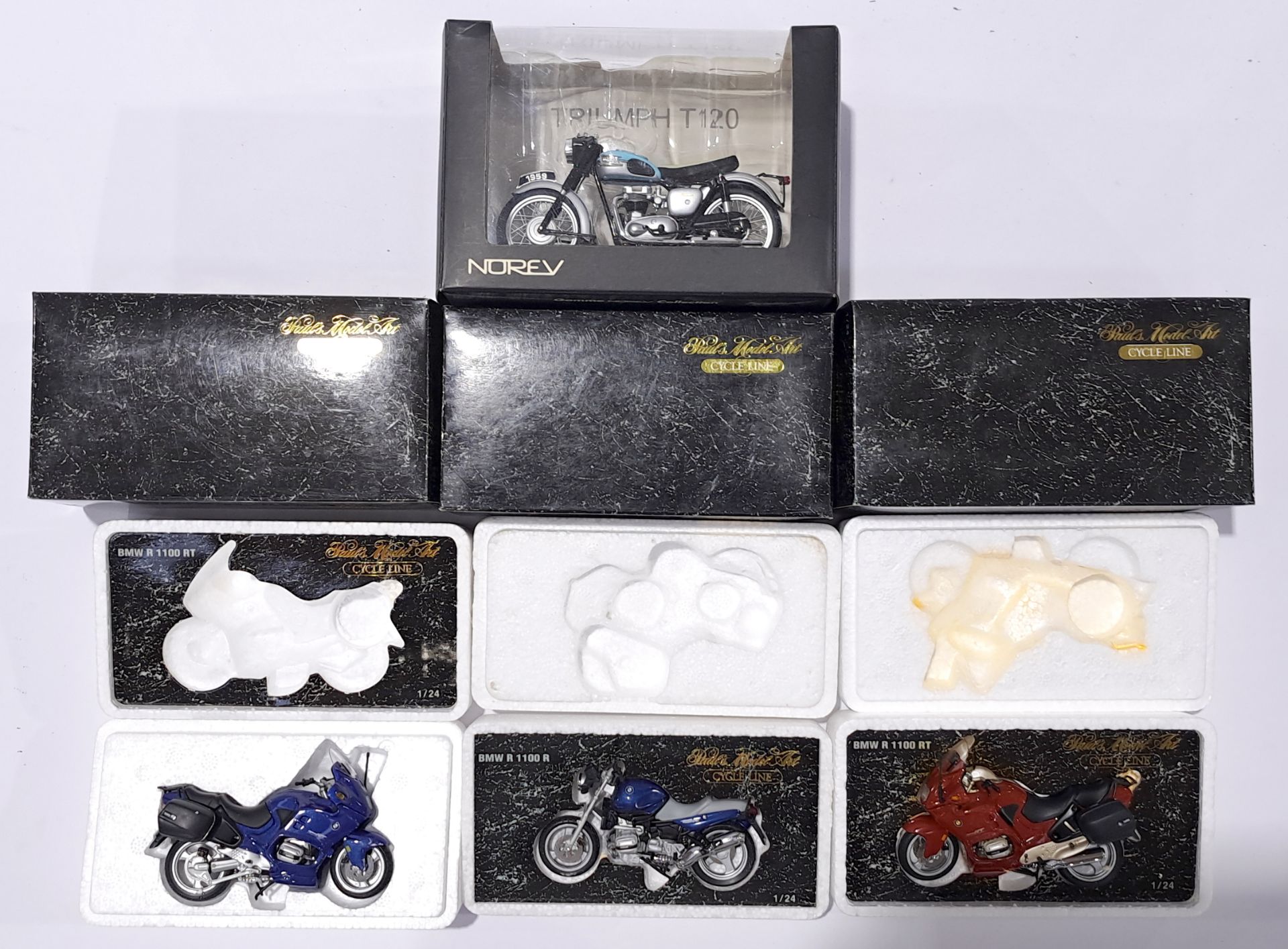 Minichamps and similar a mixed Motorbike group to include Minichamps BMW R 1100R and others. Cond...
