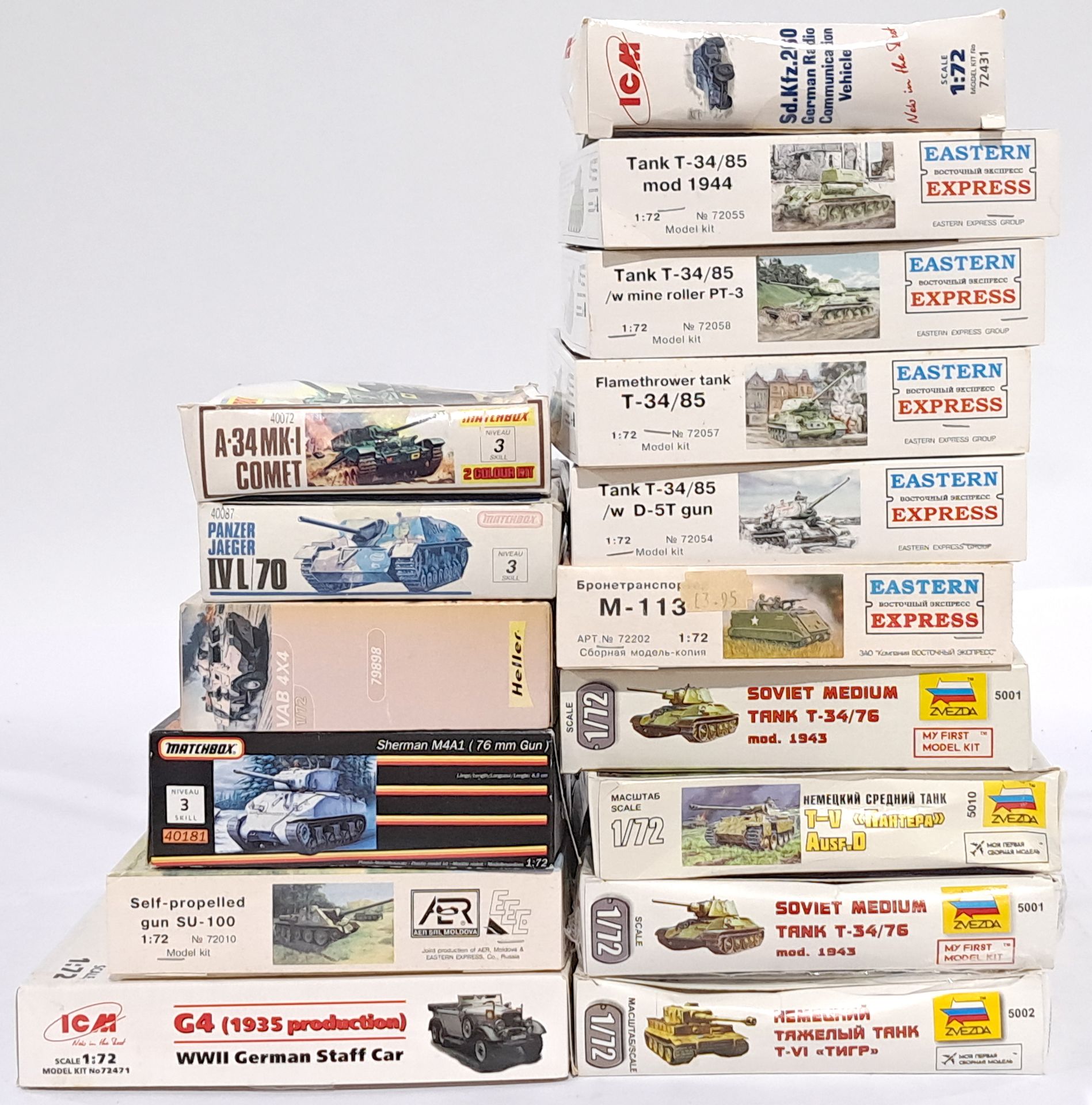 ICM, Matchbox and similar, a mixed boxed model kit group of 1/72 1/76 scale Tanks and trucks to i...