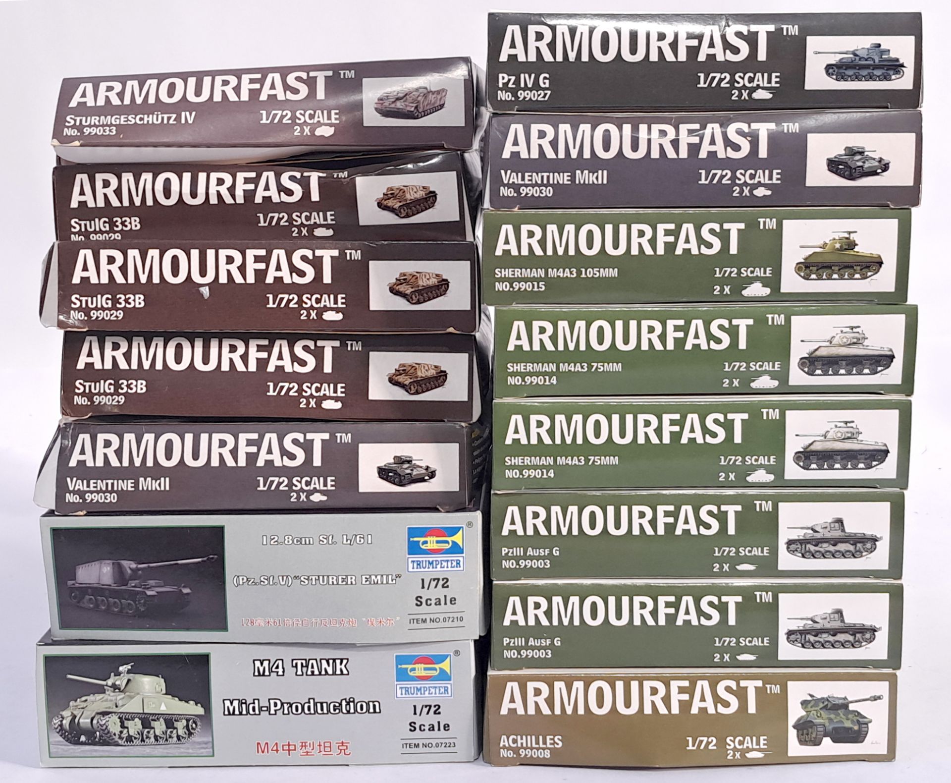 Armourfast and Trumpeter, a mixed boxed model kit group of 1/72 scale Tanks and Trucks to include...