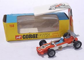 Corgi No.158 Lotus Climax Formula 1 Racing Car - two-tone orange, white, racing number 8, cast hu...