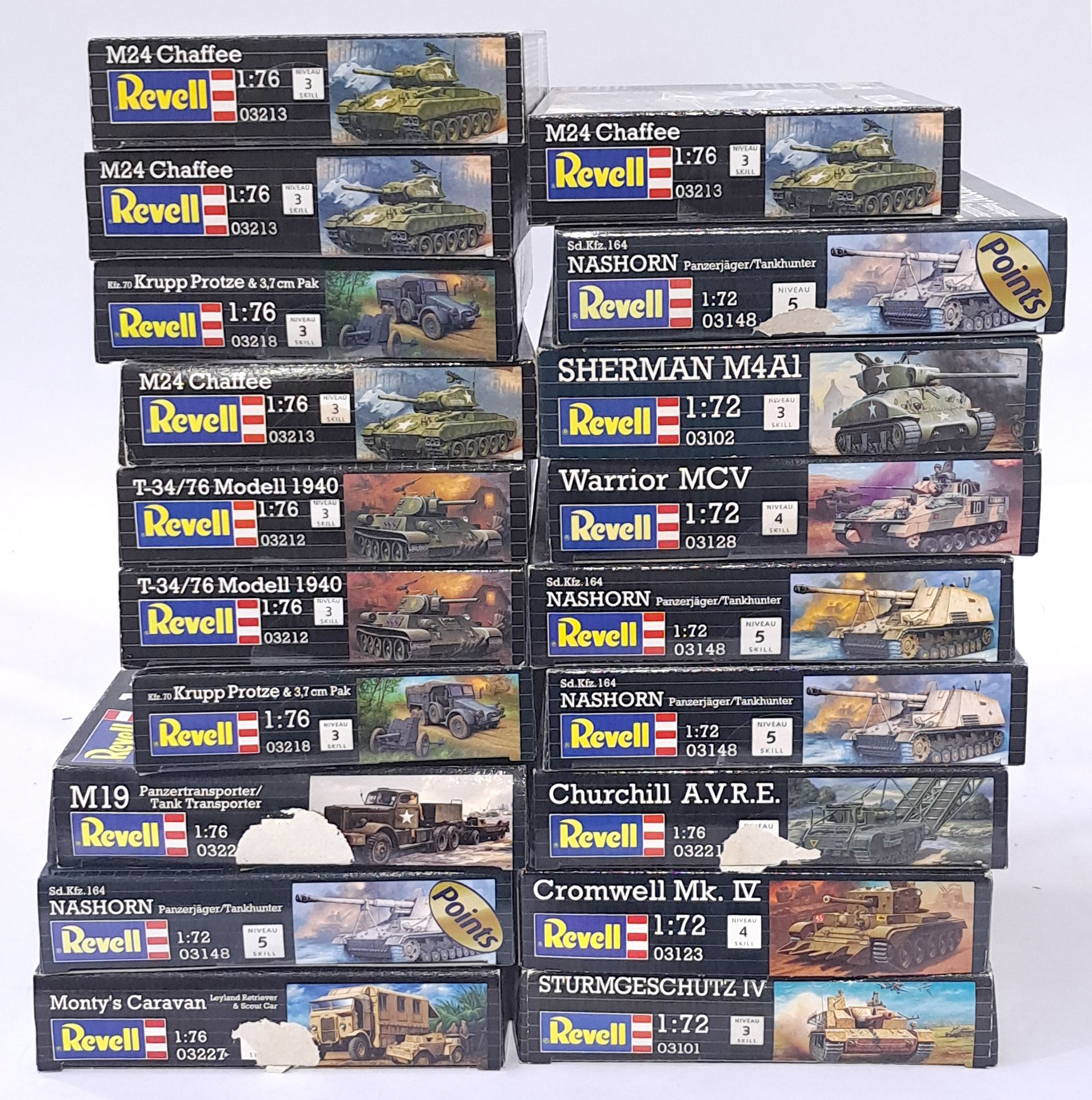 Revell, a mixed boxed model kit group of 1/72 scale Tanks and trucks to include, #03102 Sherman M...