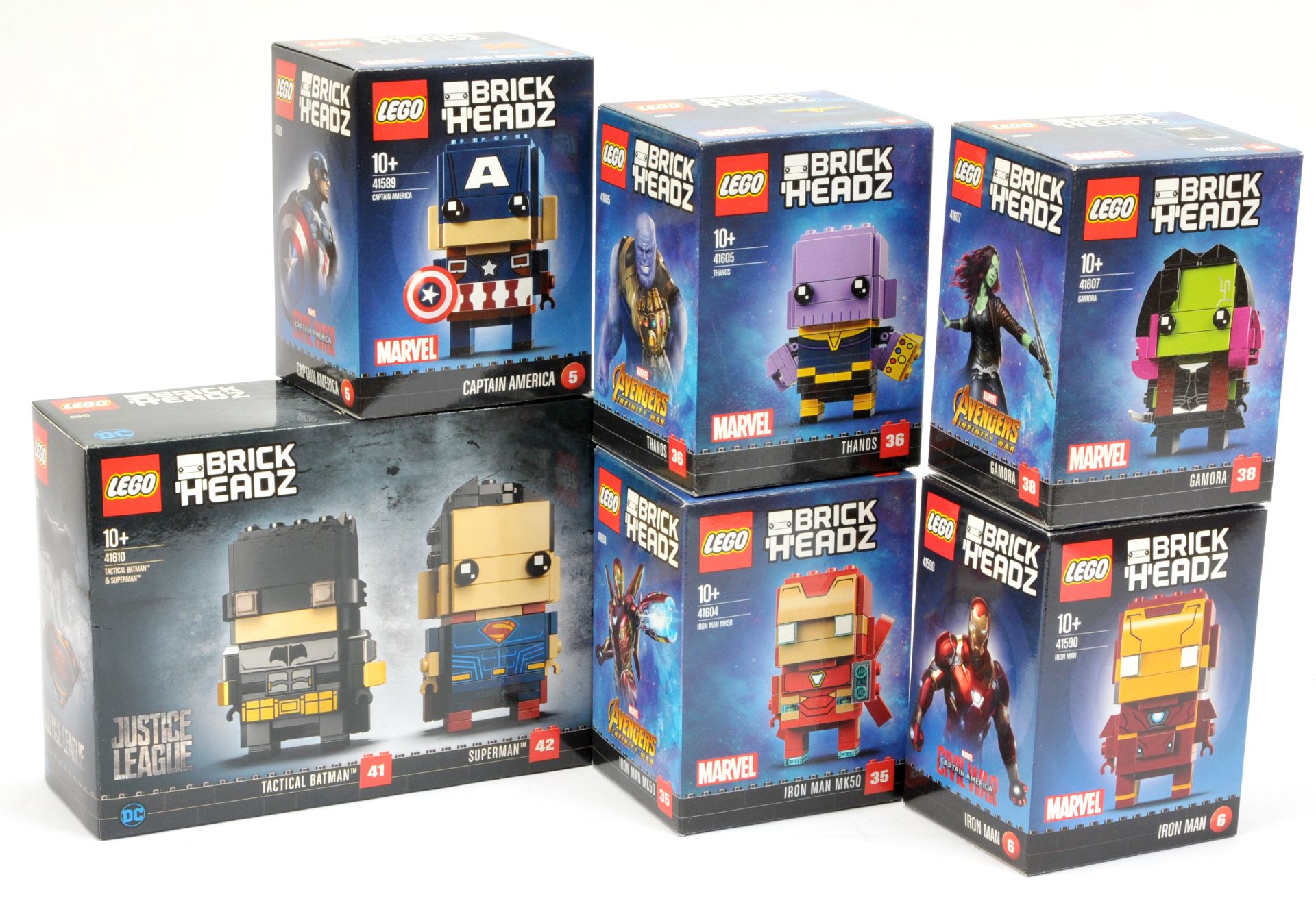 Lego Superhero related Brickheadz x 6 to include 41589 Captain America, 41590 Iron Man, 41610 Jus...