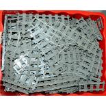 Lego a large quantity of mostly 9V Railway Track, grey plastic with metal running rails, includes...