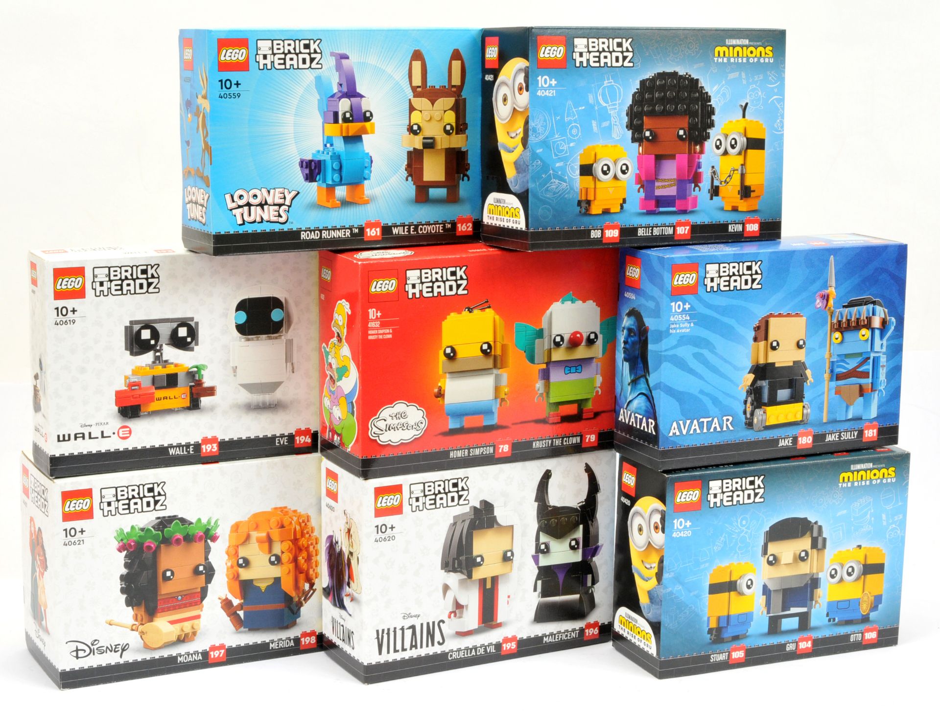 Lego Brickheadz x 8 to include 40619 Disney Pixar Wall-E, 40620 Disney Villains - Cruella De Vil ...