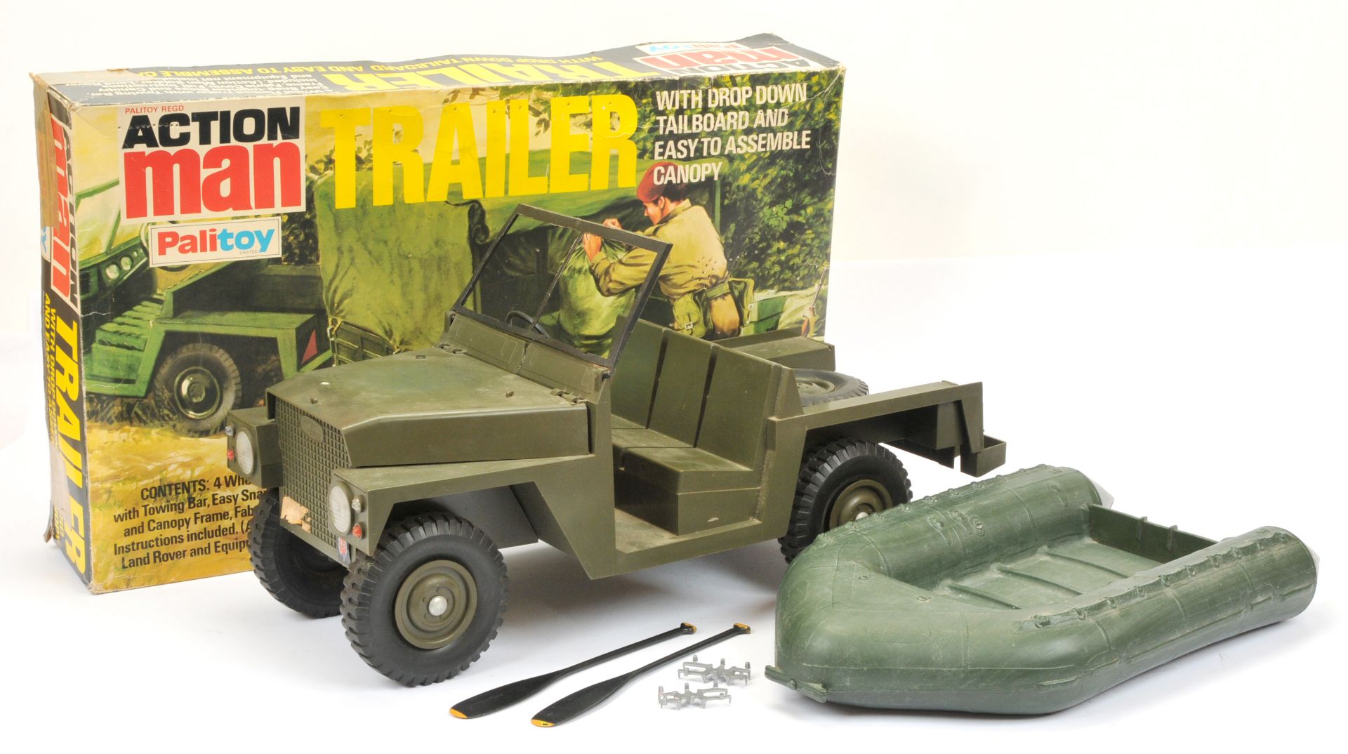 Palitoy Action Man vintage, loose Landrover (not complete), Assault Craft (not complete), EMPTY 3...