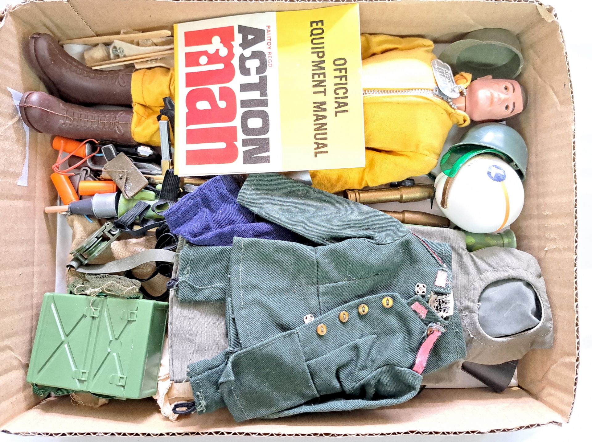 Palitoy Action Man vintage, unboxed group to include dressed painted head figure plus various acc...