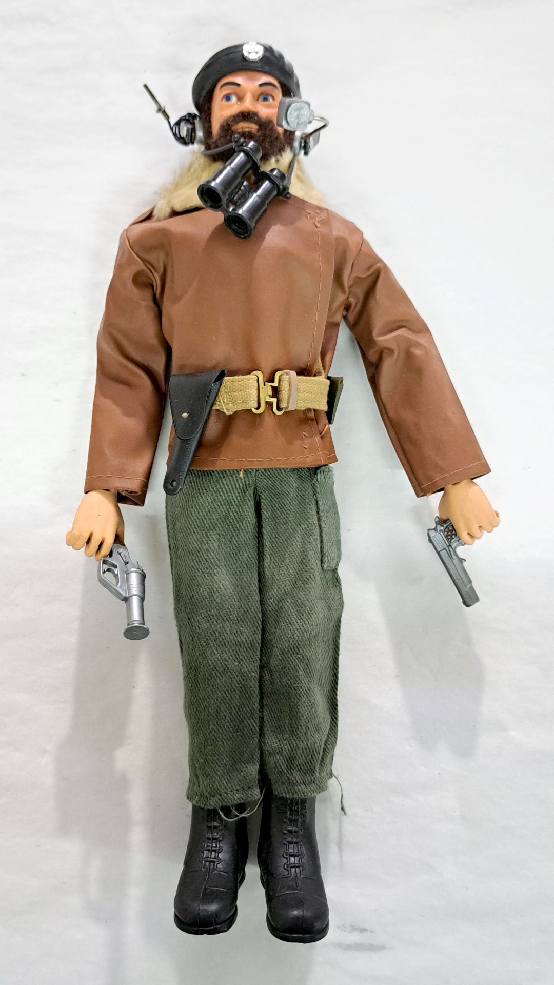 Palitoy Action Man Tank Commander, dark hair and beard, blue pants, eagle-eyes, gripping hands, w...