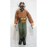 Palitoy Action Man Tank Commander, dark hair and beard, blue pants, eagle-eyes, gripping hands, w...