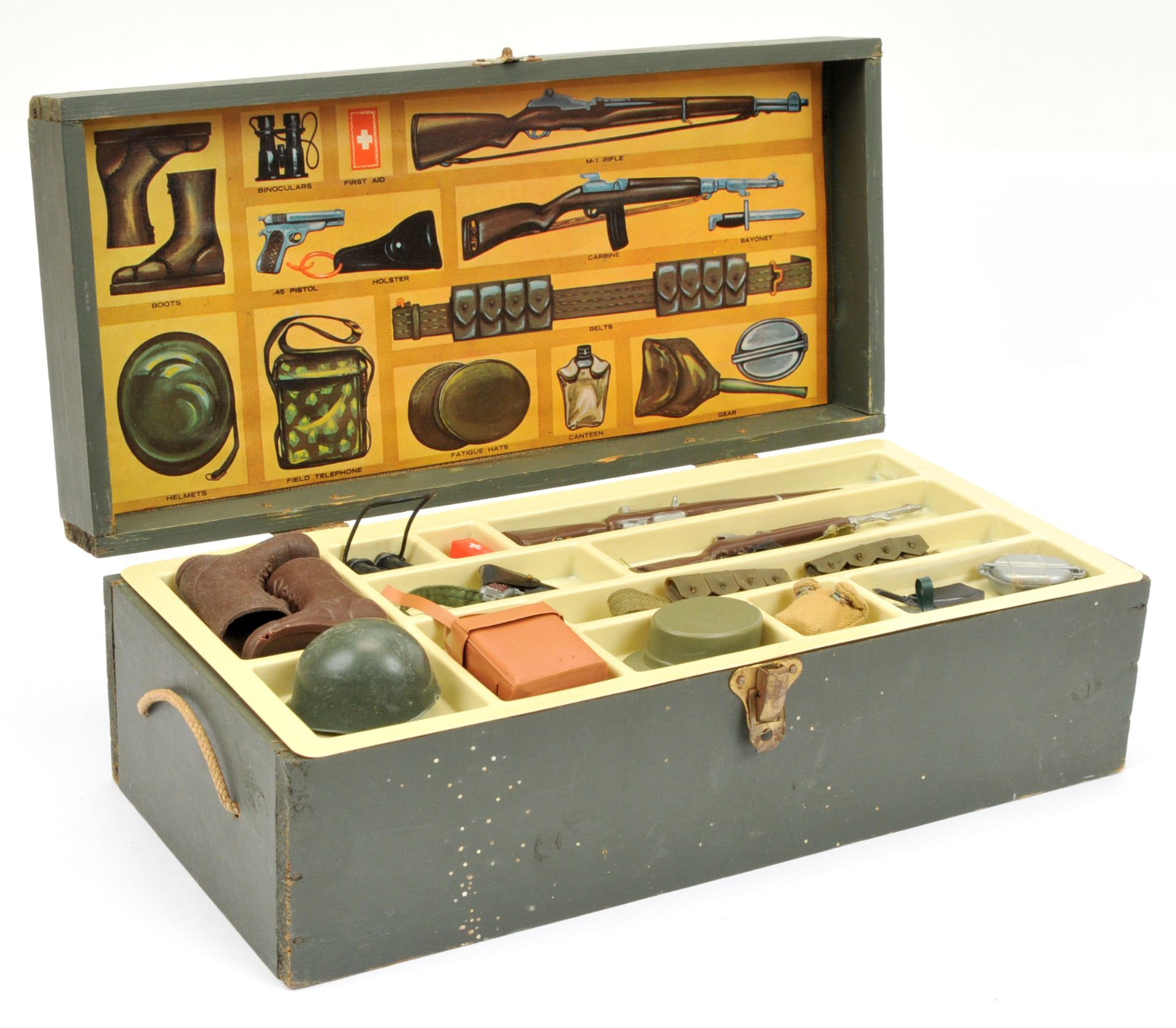 Action Man wooden Ammunition and Accessories Kit box - dark green wood with printed top, card pri...