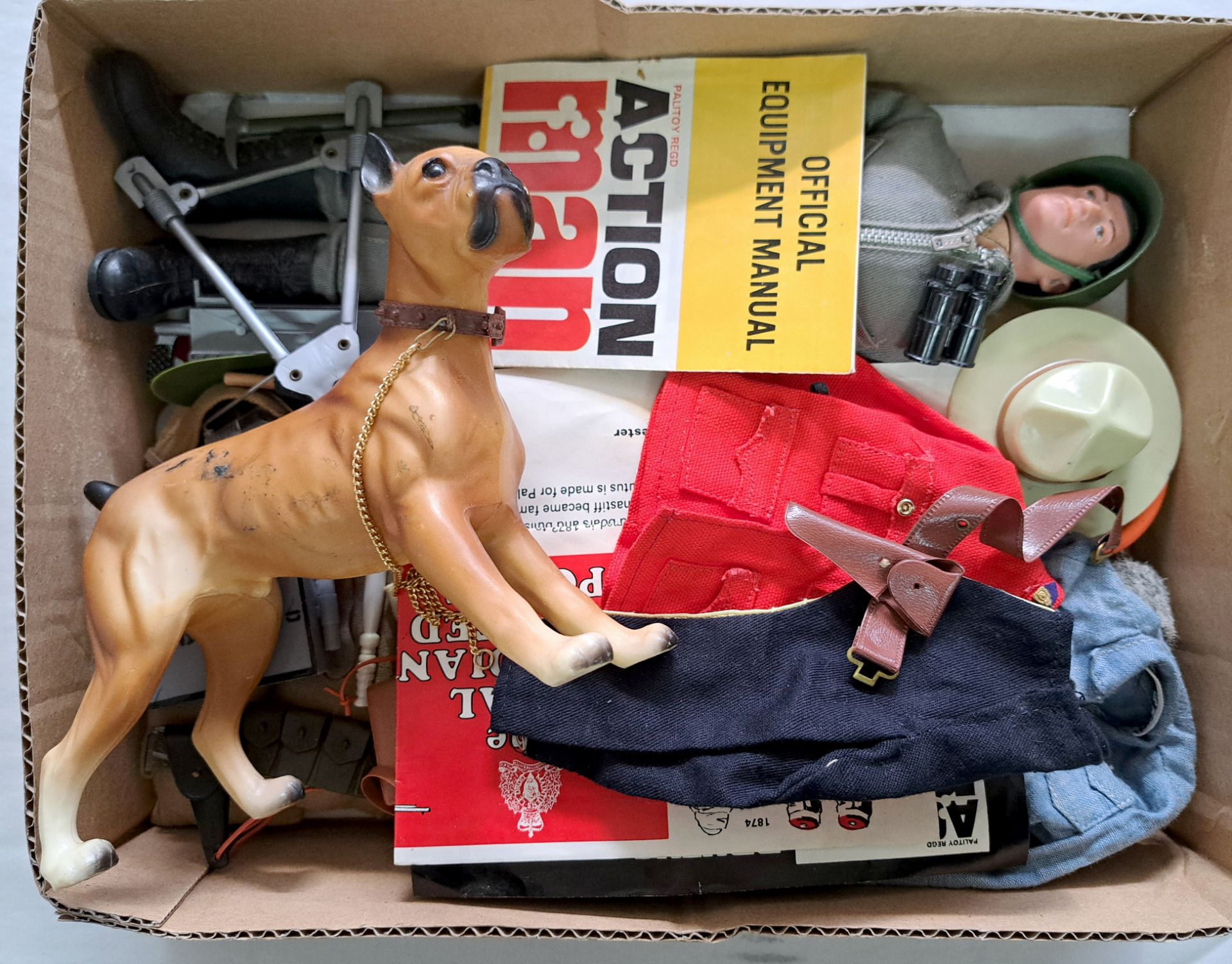 Palitoy Action Man vintage, unboxed group to include dressed painted head figure plus various acc...