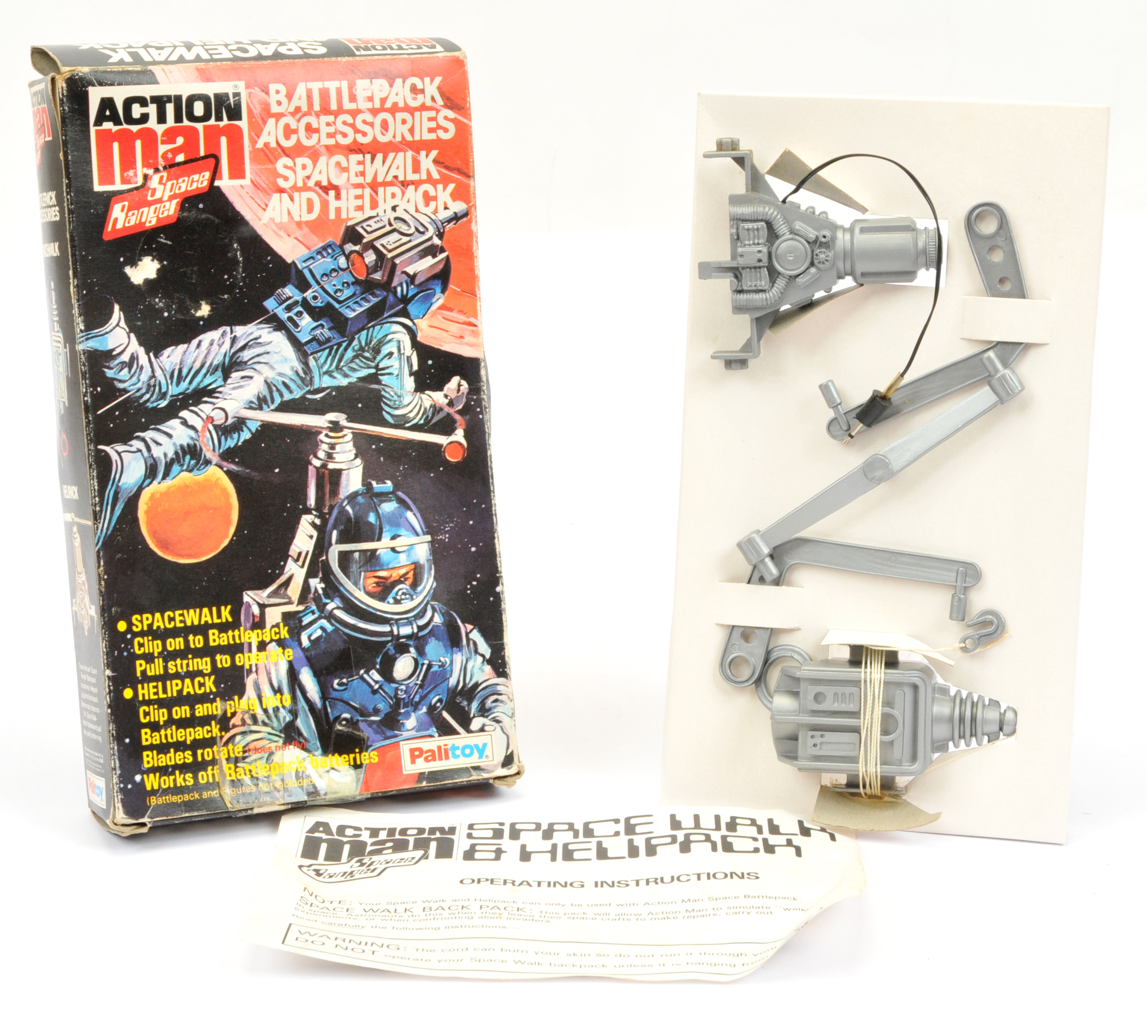 Palitoy Action Man vintage Battlepack Accessories Spacewalk and Helipack, within Fair (crushed) box.