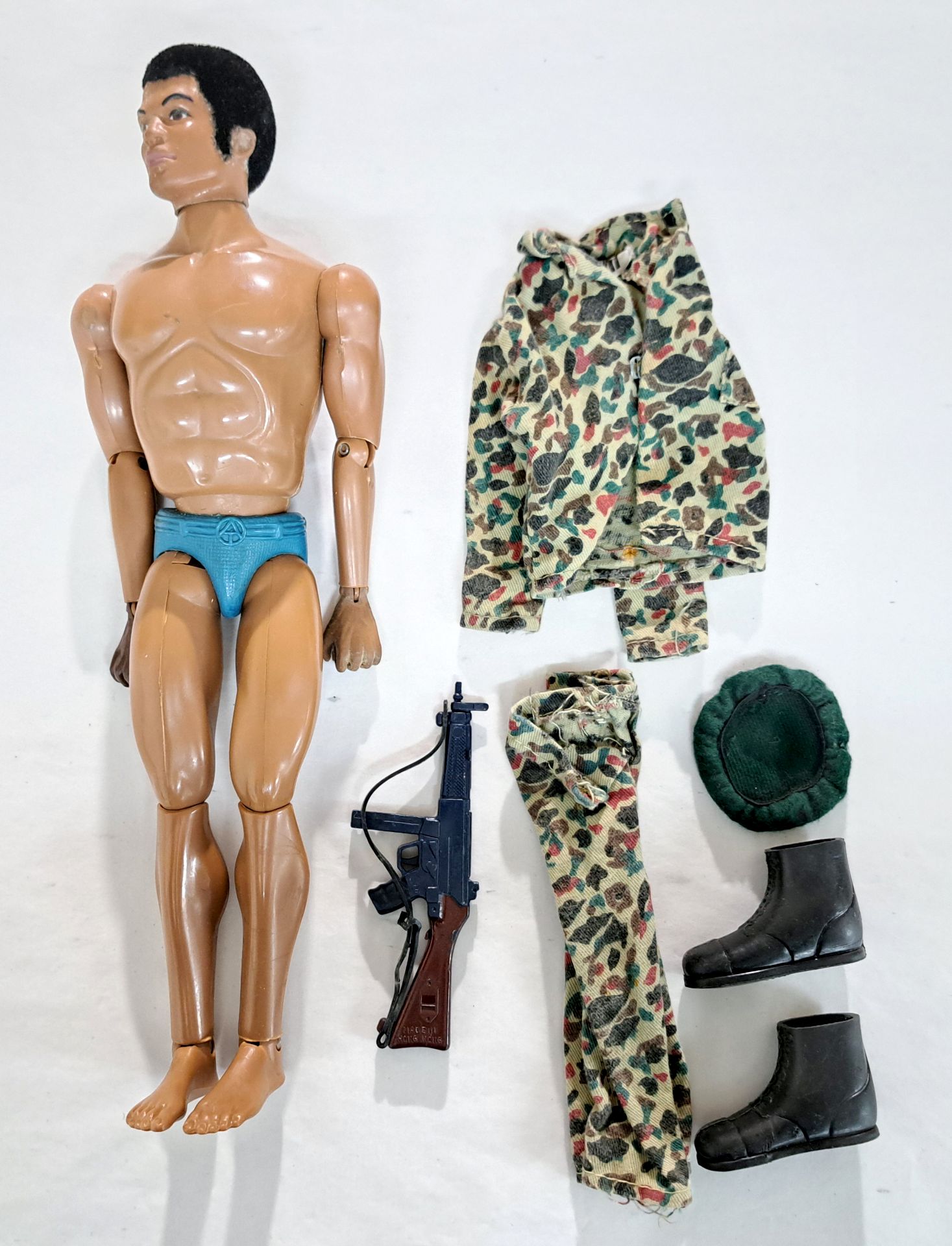 Palitoy Action Man Vintage Tom Stone with camouflage jacket and trousers, green beret, boots and ...