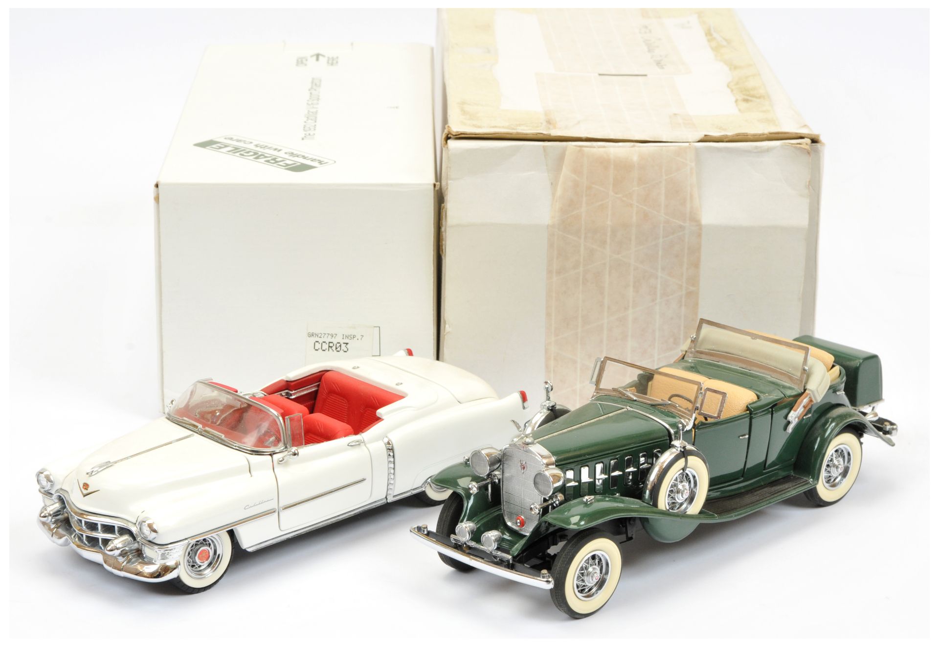 Franklin Mint a boxed pair of model cars comprising of (1) 1932 Cadillac V16 Sport Phaeton - gree...