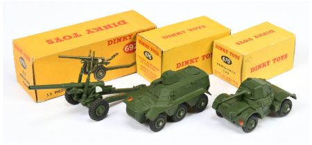 Dinky Toys Military Group Of 3 - (1) 670 Armoured Car - Green including rigid hubs,, (2) 676 pers...