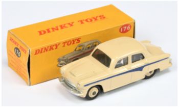 Dinky Toys 176 Austin A105 Saloon - Light beige body and rigid hubs, violet blue side flashes and...