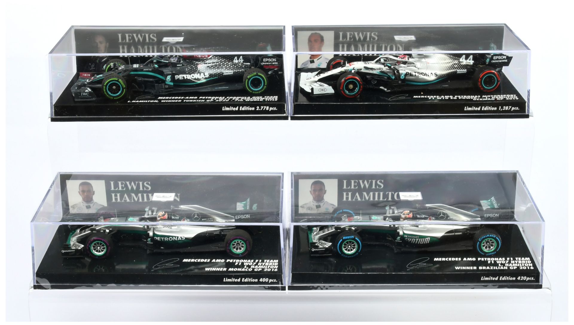 Minichamps (1/43rd) Group Of 4 Mercedes "Hamilton" - (1) 417 160344 W07 Hybird (2) 417 160644 W07...