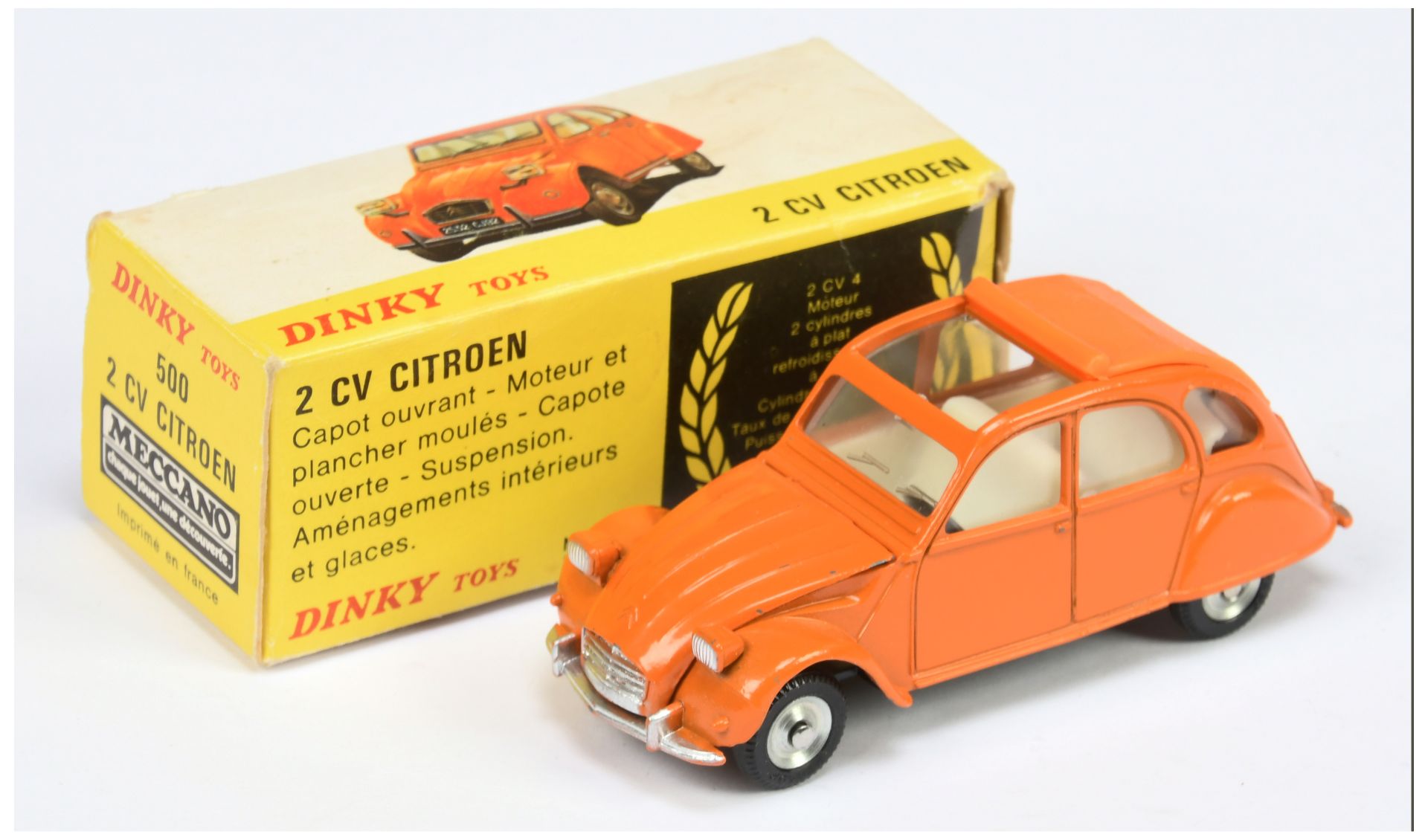 Spanish Dinky Toys 500 Citroen 2CV - orange body, ivory interior, silver trim and concave hubs