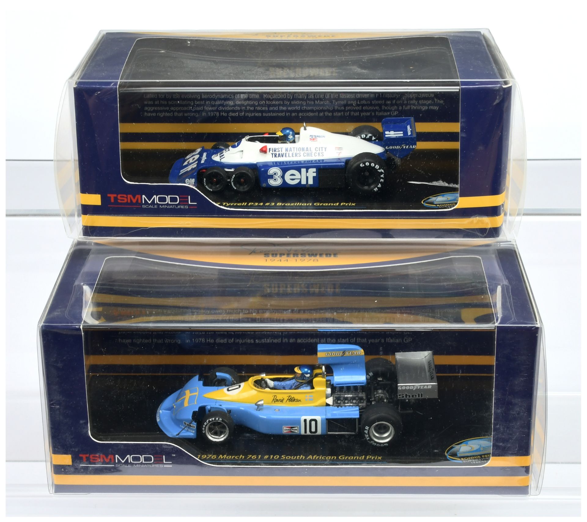 TSM Miniatures (1/43rd) A Pair (1) 114353  Tyrrell P34 "Brazil" 1977 and (2) 124328 March 761 "So...