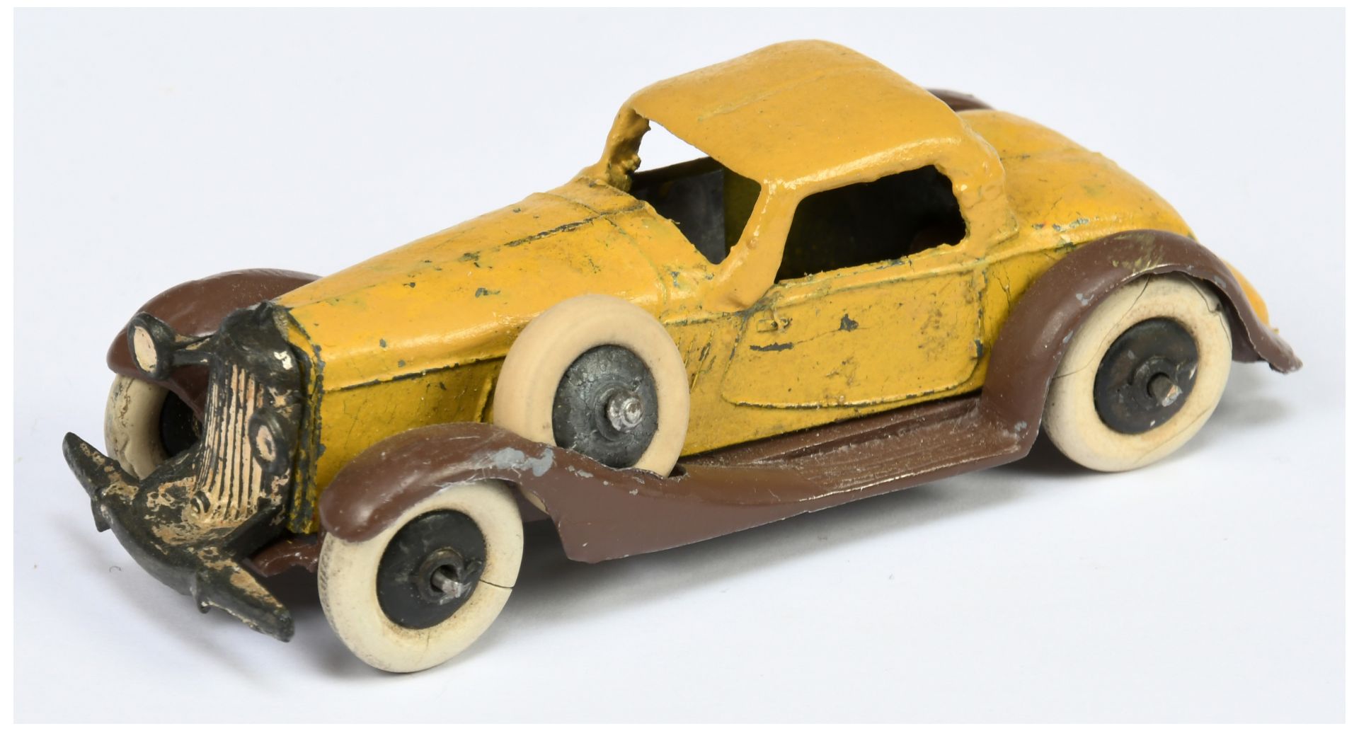 Dinky Toys Pre-War 24f (Type 1) Coupe - Yellow body, brown chassis, black hubs with white tyres
