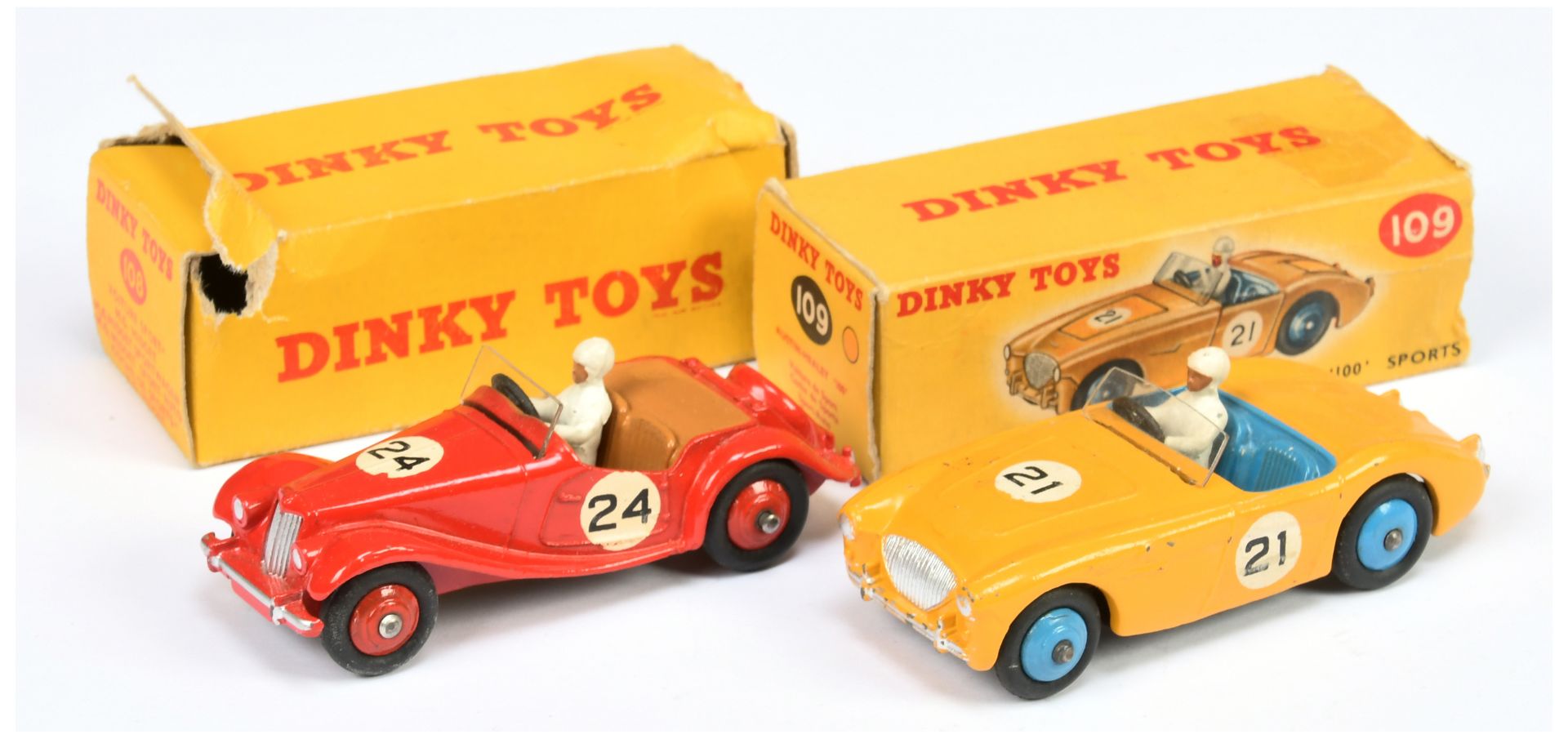 Dinky Toys 108 MG Midget Sports - Red body, tan interior with figure, silver interior, racing No....