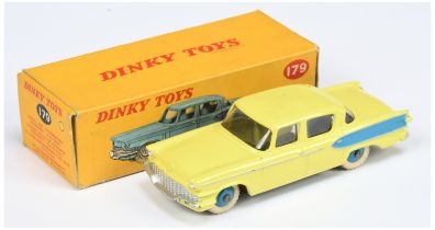 Dinky Toys 179 Studebaker president Sedan - Yellow body, mid-blue flashes and rigid hubs  and sil...