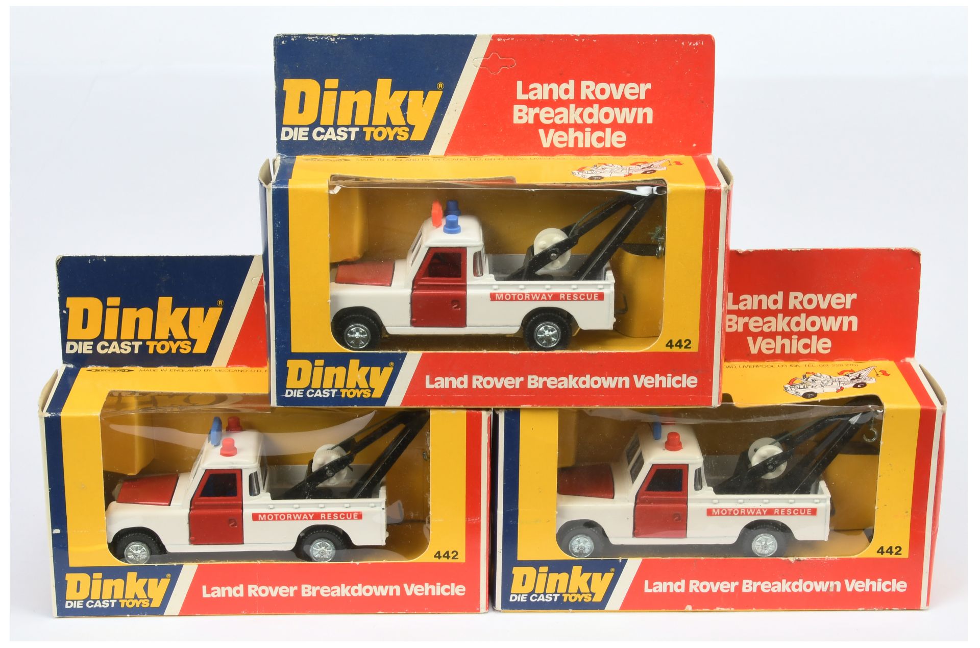 Dinky Toys 442 Land Rover Breakdown "Motorway Service" Truck Group Of 3 - (1) White, red doors, b...