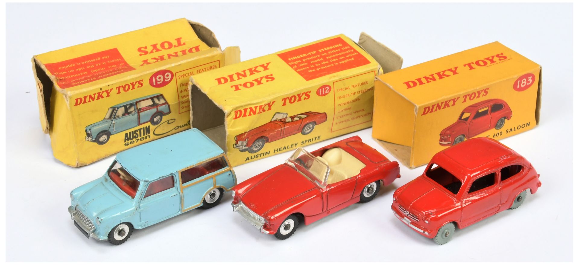 Dinky Toys Group To Include (1) 112 Austin Healey Sprite - Red, (2) 183 Fiat 600 Saloon - Red and...