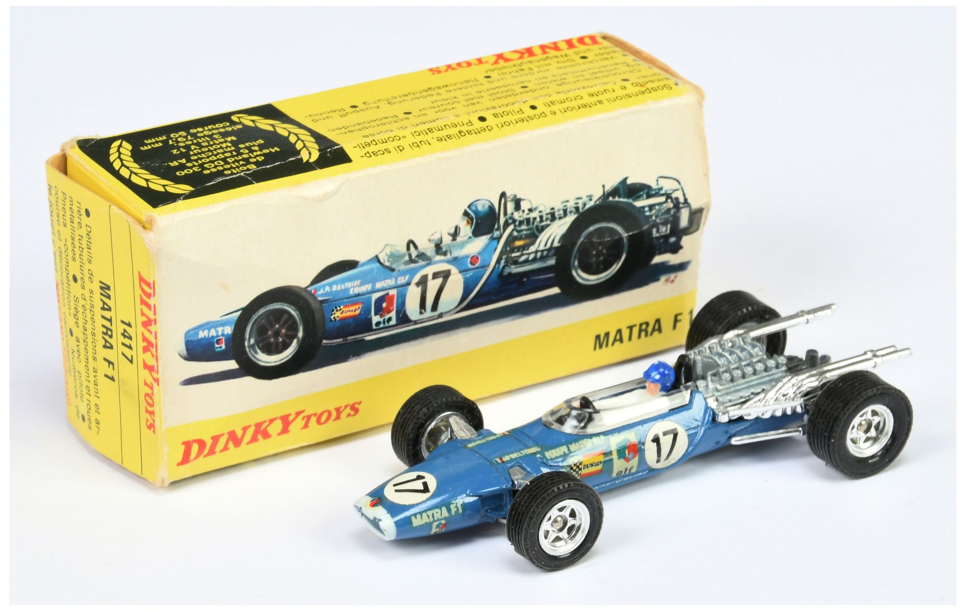 French Dinky Toys 1417 Matra F1 racing Car - Blue body, white front flash with decals applied